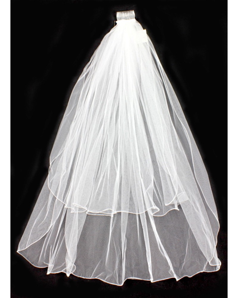 Veil - Plain Tulle - Double Layer with Zig-zag Hem Stitches  - 25" - VL-8901-25-WT